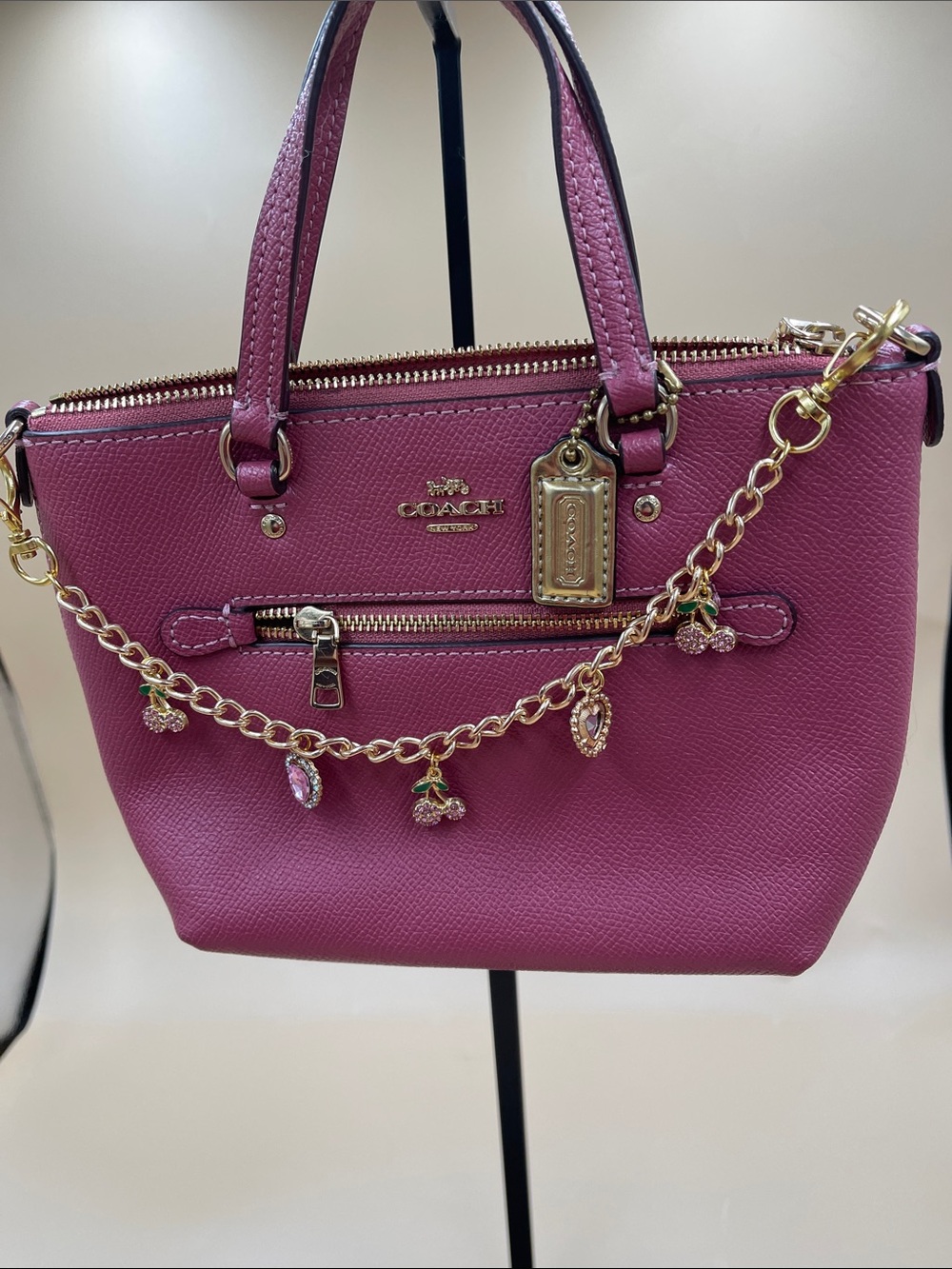Coach Magenta Leather Mini Satchel with Gold Charm Chain